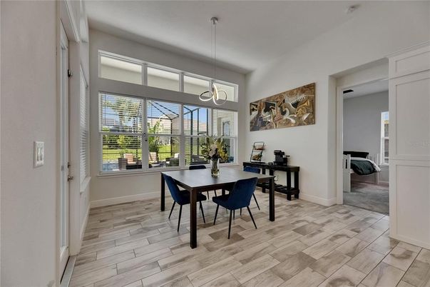 Dining room, Interior, Pendant Lights, Wood Texture Flooring