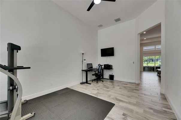 Fitness Equipment, Home Office, Interior, Recessed Lighting, Wood Texture Flooring