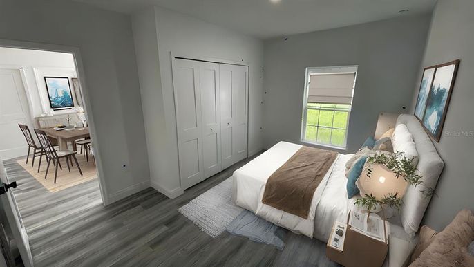 Bedroom, Dining room, Interior, Recessed Lighting, Wood Texture Flooring