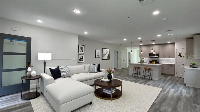 Interior, Kitchen, Living room, Pendant Lights, Recessed Lighting, Stainless Steel Appliances, Wood Texture Flooring