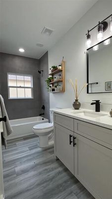 Bathroom, Interior, Recessed Lighting, Wood Texture Flooring