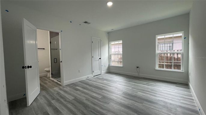 Bathroom, Empty room, Interior, Recessed Lighting, Wood Texture Flooring