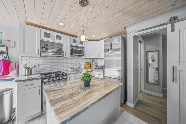 Interior, Kitchen, Pendant Lights, Recessed Lighting, Stainless Steel Appliances, Wooden Ceilings, Wood Texture Flooring