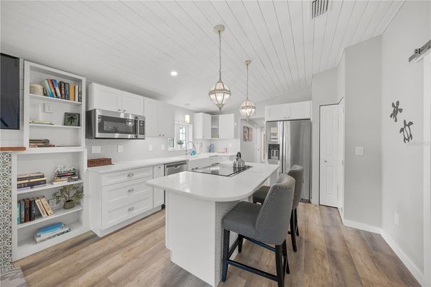 Interior, Kitchen, Pendant Lights, Recessed Lighting, Stainless Steel Appliances, Wood Texture Flooring