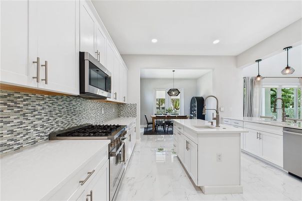 Dining room, Interior, Kitchen, Marble, Pendant Lights, Recessed Lighting, Stainless Steel Appliances