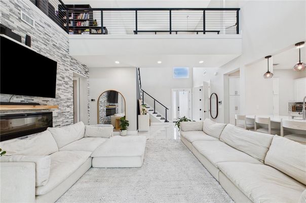 Dining room, Fireplace, Interior, Kitchen, Living room, Pendant Lights, Recessed Lighting, Stone Walls