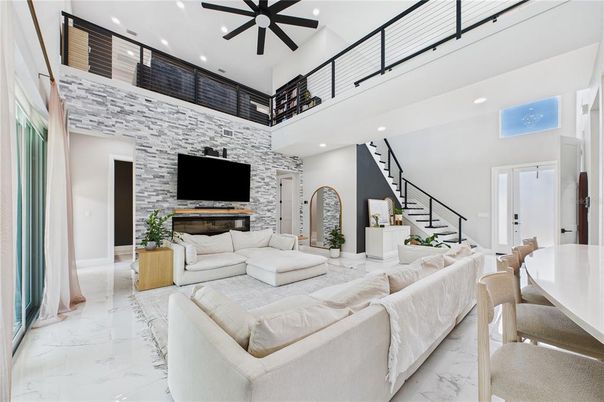 Fireplace, Interior, Living room, Marble, Recessed Lighting, Stone Walls