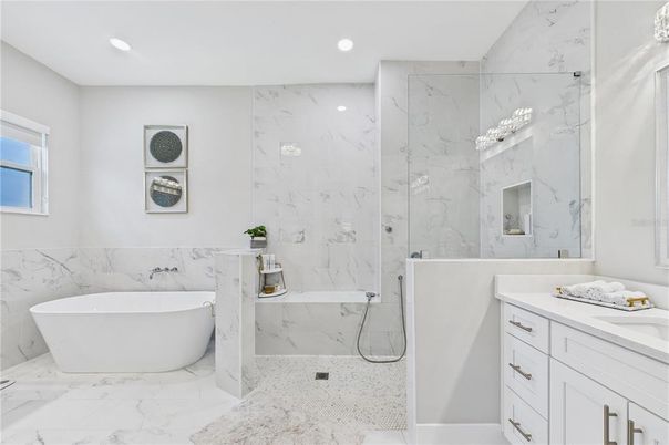 Bathroom, Free Standing Baths, Interior, Marble, Marble Walls, Recessed Lighting