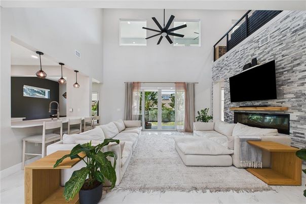 Dining room, Fireplace, Interior, Living room, Pendant Lights, Recessed Lighting, Stone Walls