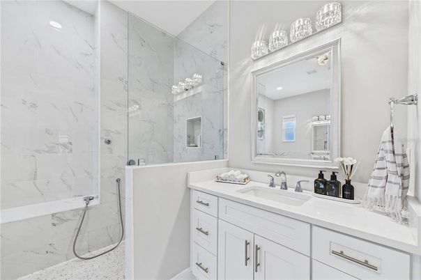 Bathroom, Glass Shower, Interior, Marble Walls, Recessed Lighting