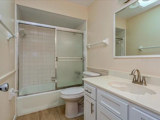 Bathroom, Glass Shower, Interior, Wood Texture Flooring