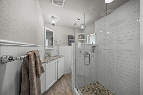 Bathroom, Glass Shower, Interior, Wood Texture Flooring