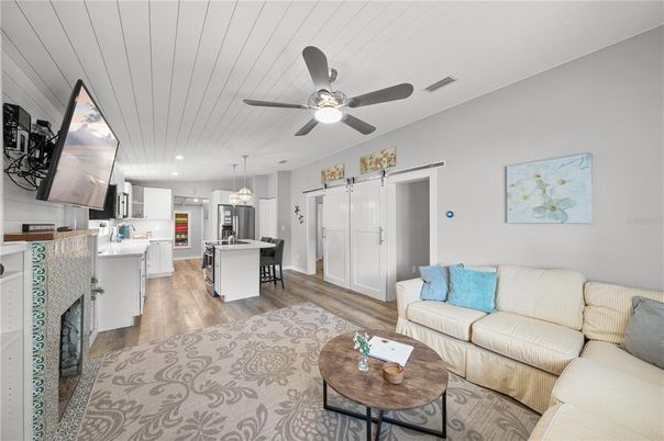 Interior, Kitchen, Living room, Recessed Lighting, Wood Texture Flooring