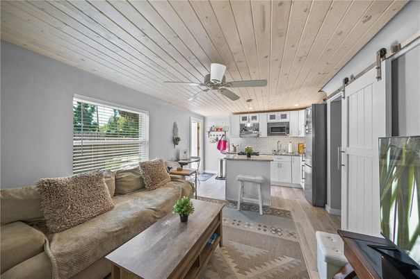 Interior, Kitchen, Living room, Recessed Lighting, Wooden Ceilings, Wood Texture Flooring