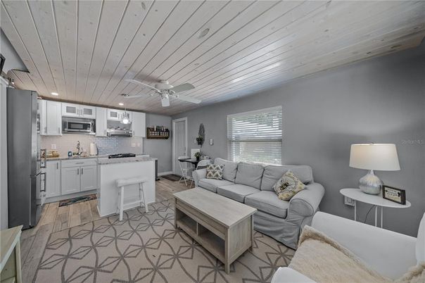 Interior, Kitchen, Living room, Recessed Lighting, Stainless Steel Appliances, Wooden Ceilings, Wood Texture Flooring