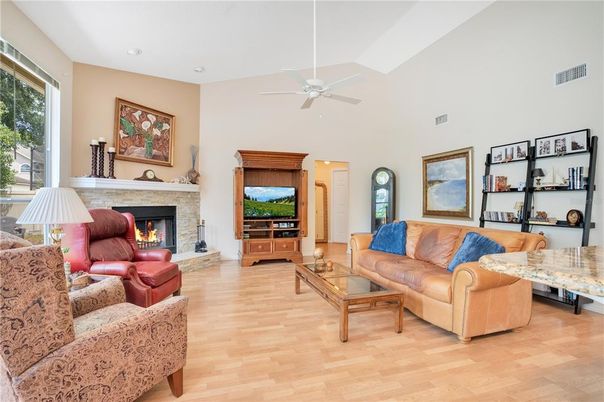 Fireplace, Interior, Living room, Recessed Lighting, Wood Texture Flooring