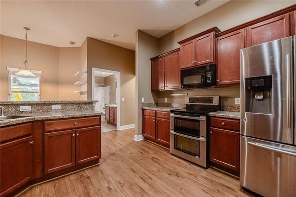 Interior, Kitchen, Pendant Lights, Stainless Steel Appliances, Wood Texture Flooring