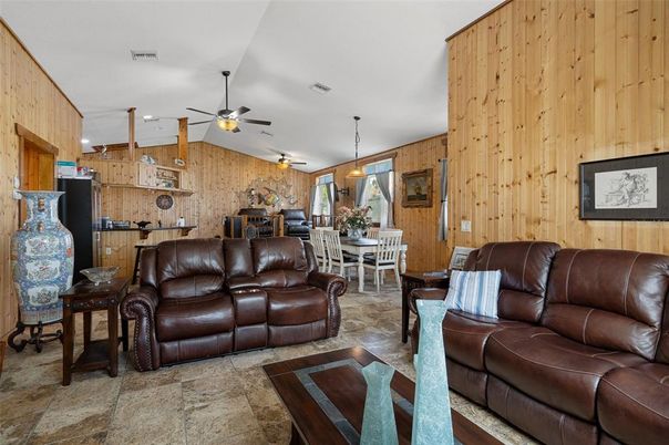 Dining room, Fireplace, Interior, Living room, Pendant Lights, Stone Walls, Wooden Walls