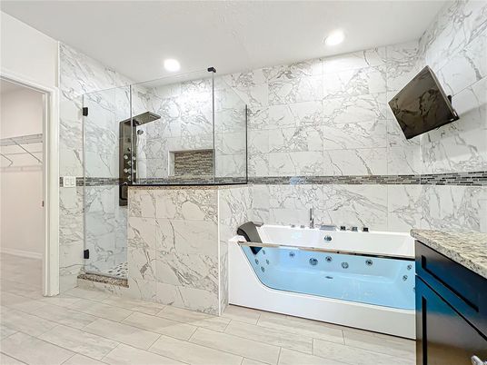 Bathroom, Glass Shower, Interior, Marble Walls, Recessed Lighting