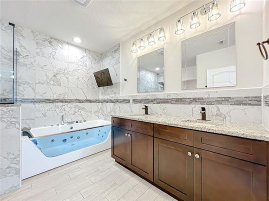 Bathroom, Interior, Marble Walls, Recessed Lighting, Wood Texture Flooring