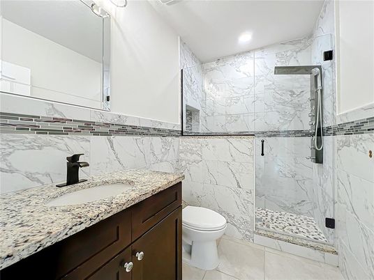 Bathroom, Glass Shower, Interior, Marble Walls, Recessed Lighting