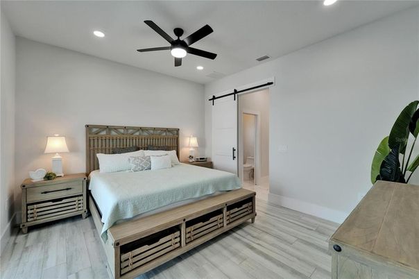 Bedroom, Interior, Recessed Lighting, Wood Texture Flooring