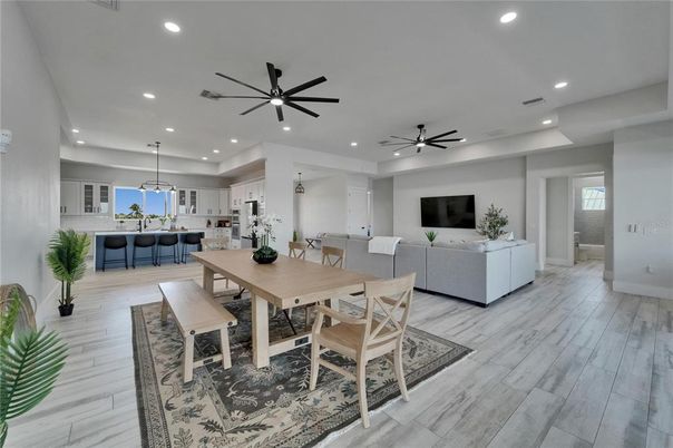 Dining room, Interior, Kitchen, Living room, Pendant Lights, Recessed Lighting, Wood Texture Flooring