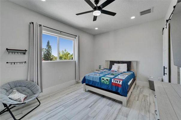 Bedroom, Interior, Recessed Lighting, Wood Texture Flooring