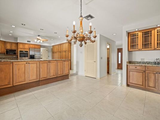 Chandelier, Interior, Kitchen, Recessed Lighting, Stainless Steel Appliances