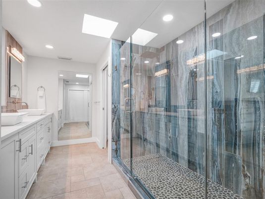 Bathroom, Dual Sink Vanities, Glass Shower, Interior, Recessed Lighting
