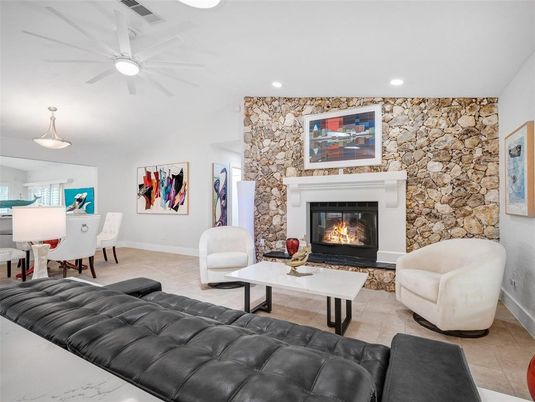 Dining room, Fireplace, Interior, Kitchen, Living room, Recessed Lighting, Stone Walls