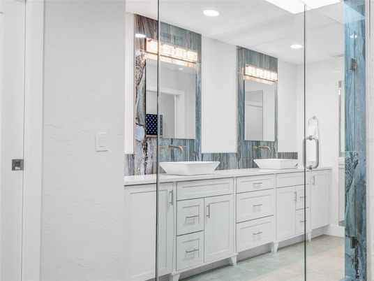 Bathroom, Dual Sink Vanities, Glass Shower, Interior, Recessed Lighting