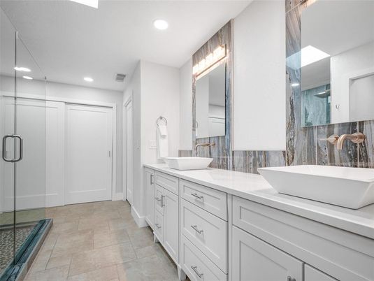 Bathroom, Dual Sink Vanities, Free Standing Baths, Glass Shower, Interior, Recessed Lighting