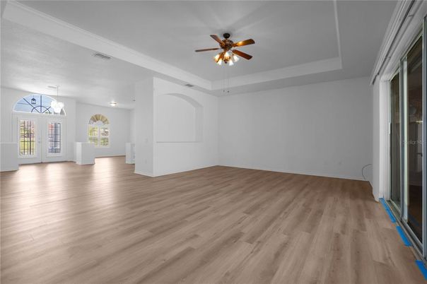 Empty room, Interior, Pendant Lights, Wood Texture Flooring