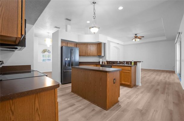 Interior, Kitchen, Pendant Lights, Recessed Lighting, Wood Texture Flooring