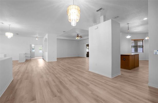 Chandelier, Empty room, Interior, Pendant Lights, Recessed Lighting, Wood Texture Flooring