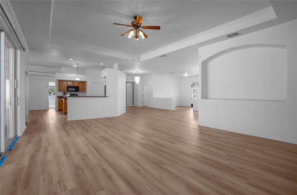 Empty room, Interior, Kitchen, Pendant Lights, Recessed Lighting, Wood Texture Flooring