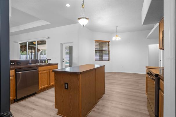 Chandelier, Interior, Kitchen, Pendant Lights, Recessed Lighting, Wood Texture Flooring