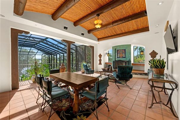 Dining room, Glass Ceilings, Interior, Living room, Recessed Lighting, Sun Room, Wooden Beams, Wooden Ceilings