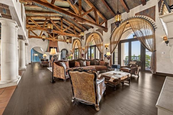 Chandelier, Interior, Living room, Pendant Lights, Wooden Beams, Wood Texture Flooring