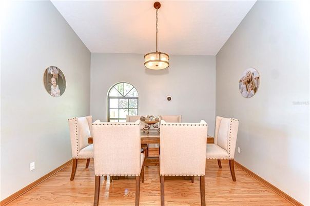 Dining room, Interior, Pendant Lights, Wood Texture Flooring