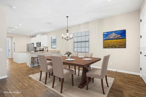Chandelier, Dining room, Interior, Kitchen, Pendant Lights, Recessed Lighting, Wood Texture Flooring