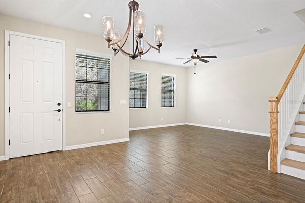 Chandelier, Empty room, Interior, Recessed Lighting, Wood Texture Flooring