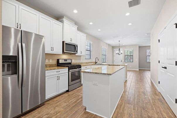 Interior, Kitchen, Pendant Lights, Recessed Lighting, Stainless Steel Appliances, Wood Texture Flooring