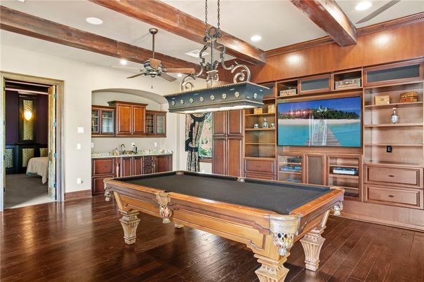 Billiard Table, Game Room, Interior, Pendant Lights, Recessed Lighting, Wooden Beams, Wood Texture Flooring
