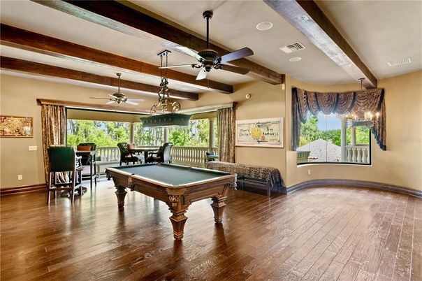 Billiard Table, Game Room, Interior, Pendant Lights, Wooden Beams, Wood Texture Flooring