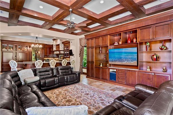 Chandelier, Interior, Kitchen, Living room, Recessed Lighting, Wooden Beams