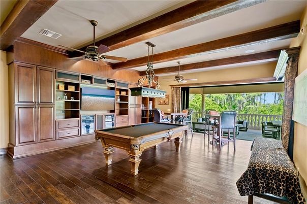 Billiard Table, Game Room, Interior, Pendant Lights, Wooden Beams, Wood Texture Flooring
