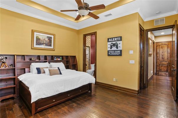 Bedroom, Interior, Recessed Lighting, Wood Texture Flooring