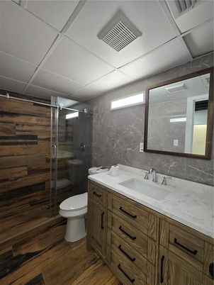 Bathroom, Glass Shower, Interior, Wood Texture Flooring, Wooden Walls